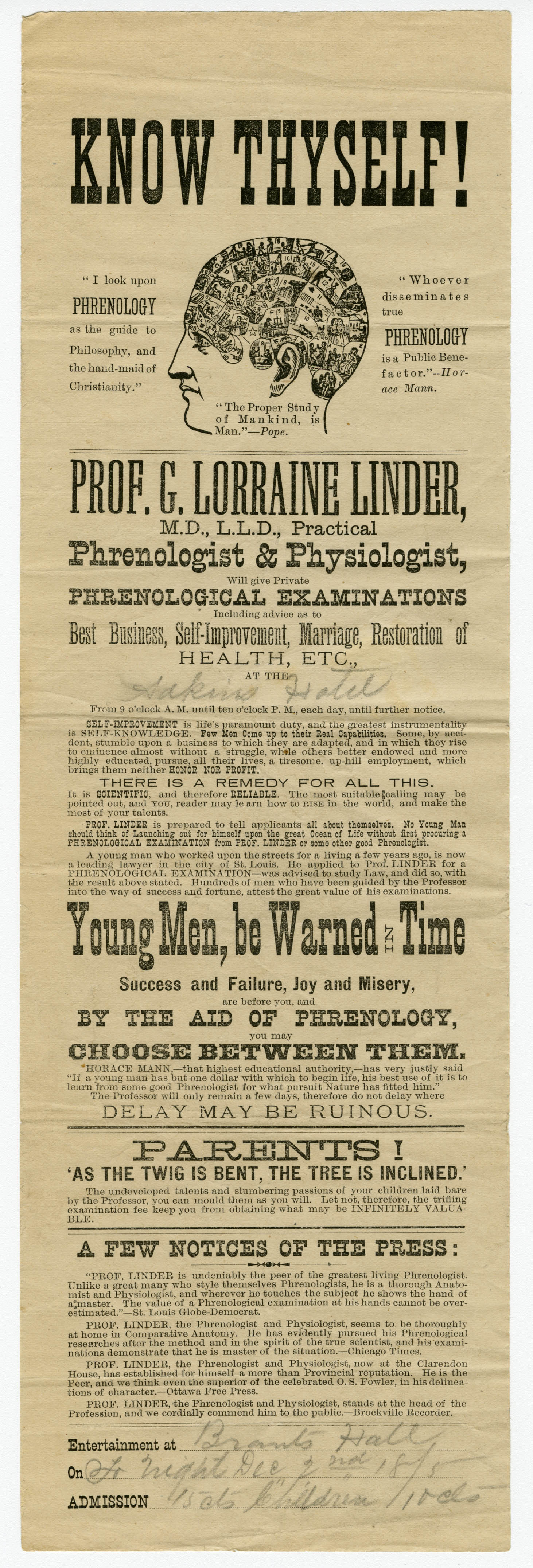 Prof. G. Lorraine Linder, Phrenological Examinations